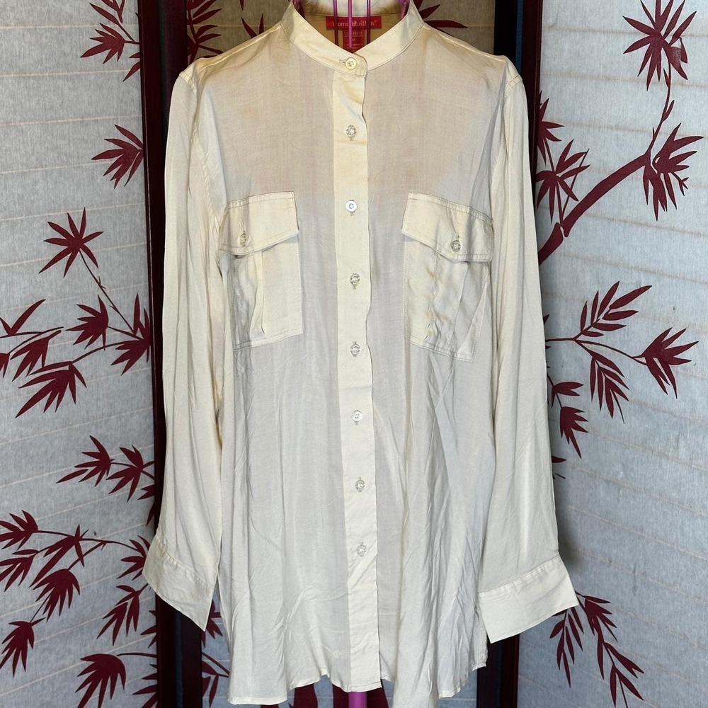 Woman Within Cream Mandarin Collar Button Up Shirt Long‎ Sleeve Sz M Minimalist